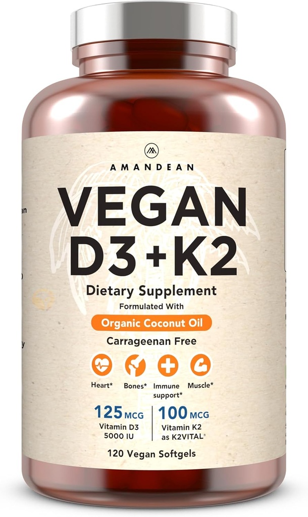 AMANDEAN Vegan Vitamin D3 K2. 5000 iu from Algae. All-Trans MK-7. 120 Softgels. Plant-Based & Carrageenan Free. Organic Coconut Oil Blend. for Mood, Bones, Heart, Immune Health (Packaging May Vary)