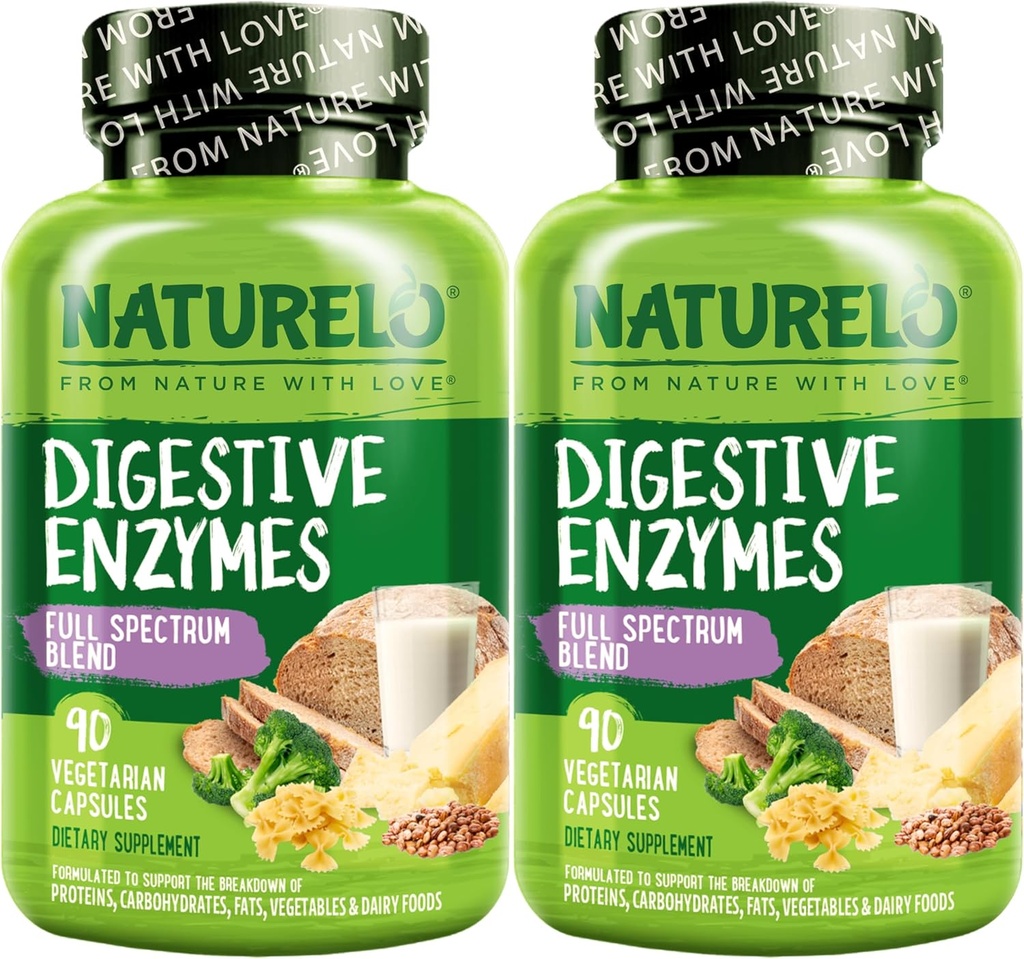 NATURELO Digestive Enzymes - Full Spectrum Support with a Broad Blend of 15 Enzymes Plus Ginger - 90 Vegan Capsules (Pack of 2)