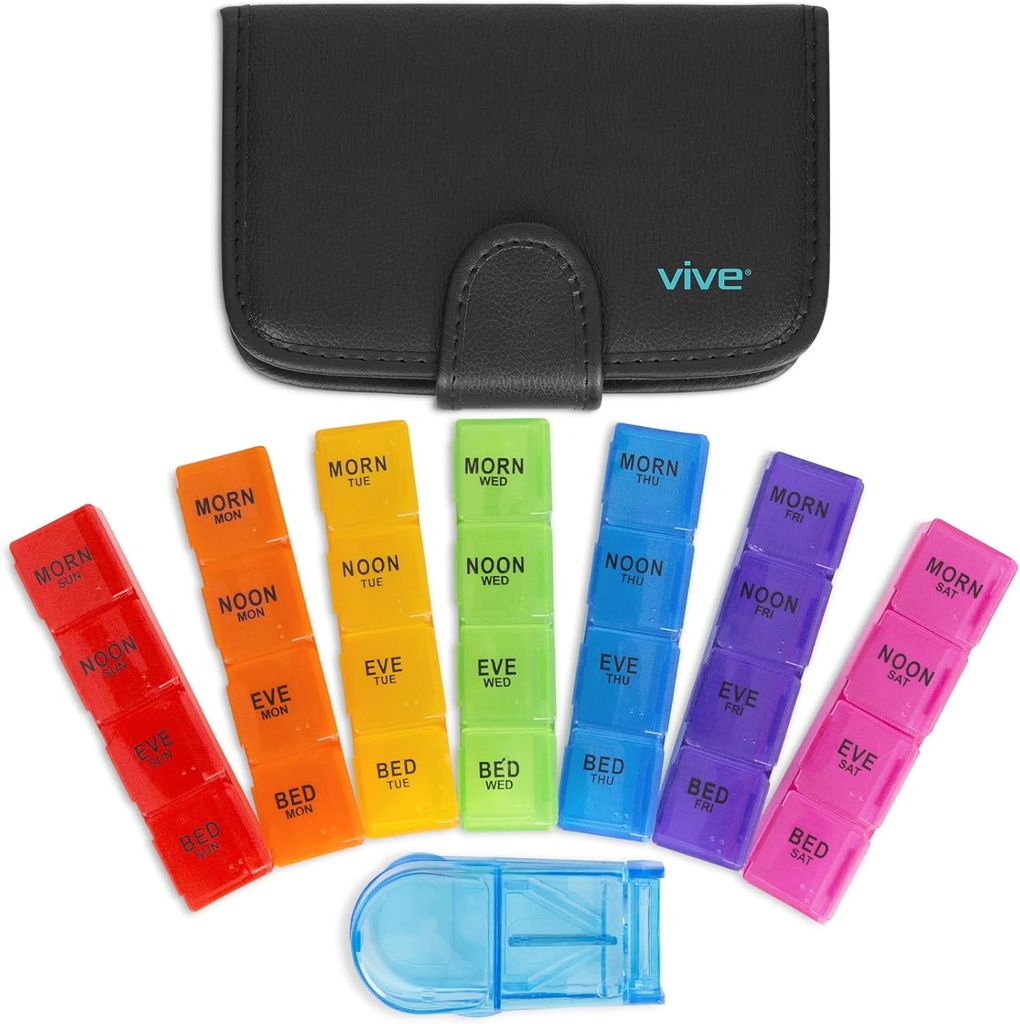 Vive Weekly Pill Organizer 4 Times a Day - 7 Days Pill Boxes for Morning, Noon, Evening, Night - Extra Large Medicine, Vitamin & Supplement Dispenser with Premium Leather Case and Splitter Cutter