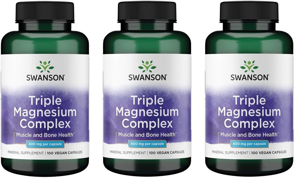 Swanson Triple Magnesium Complex - Mineral Supplement - Natural Support - Featuring Citrate, Oxide & Aspartate - (100 Capsules, 400mg Each, 3 Pack)