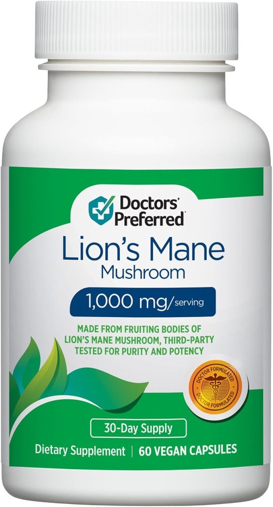 DOCTORS' PREFERRED Lions Mane Mushroom Supplement - 1,000 mg/Serving, 60 Vegan Capsules for Brain Health and Overall Daily Wellness. (30-Day Supply)