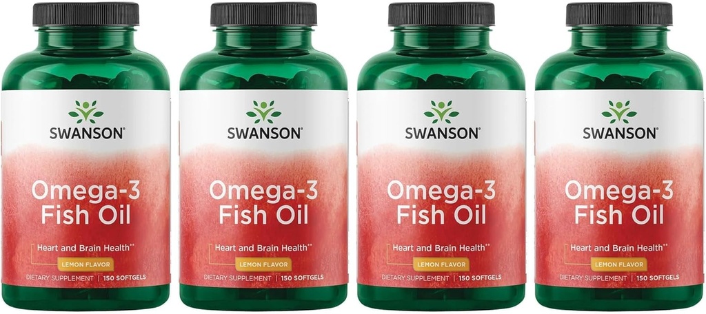 Swanson Omega 3 Fish Oil Supplement Heart Brain and Joint Support GMO-Free EFAs 180 mg EPA Plus 120 mg DHA 150 Softgel Capsules Lemon Flavor (4 Pack)
