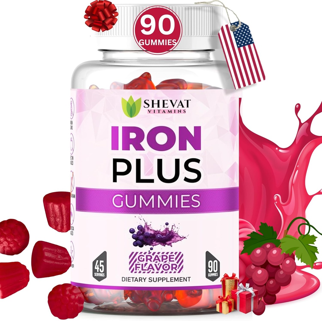 Made in USA 90 Iron Gummies For Women Anemia - Vegan, Gluten Free & Immune Support Iron Supplement Gummies (Grape) - Chewable Iron Gummies for Men - Kids iron Gummies for Kids with Vitamin C, A & Zinc