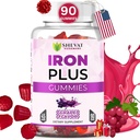 Made in USA 90 Iron Gummies For Women Anemia - Vegan, Gluten Free & Immune Support Iron Supplement Gummies (Grape) - Chewable Iron Gummies for Men - Kids iron Gummies for Kids with Vitamin C, A & Zinc