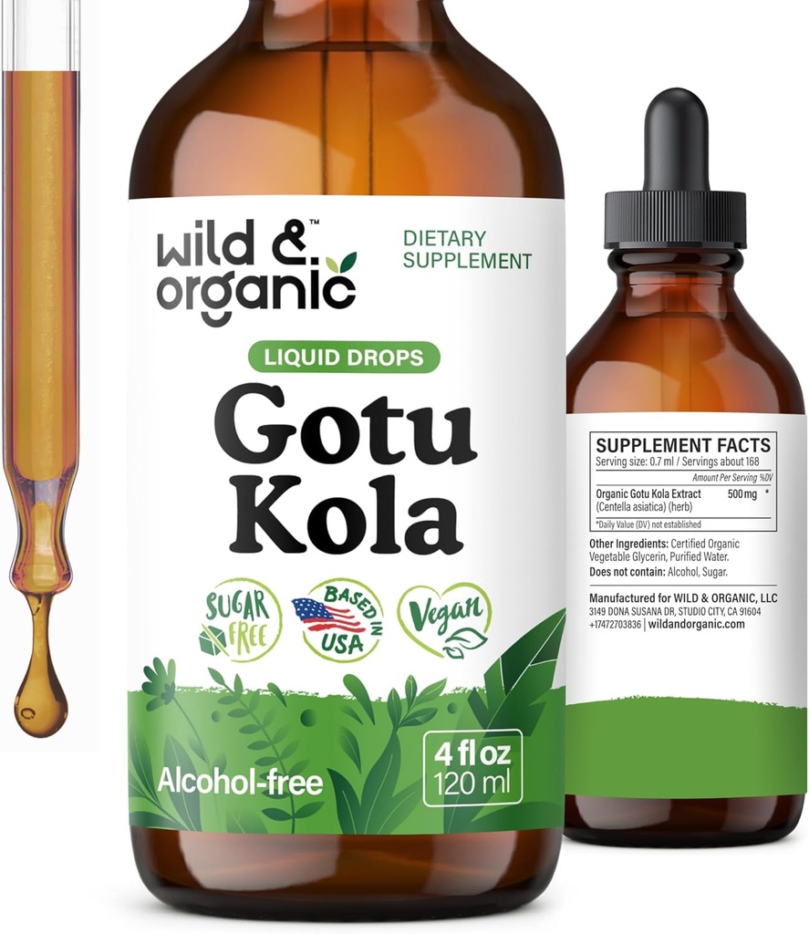 Wild & Organic Gotu Kola Extract Drops - Brain Support with Centella Asiatica Extract - Liquid Gotu Kola Supplement for Focus - Vegan, Sugar & Alcohol-Free Herb Tincture - 4 fl oz