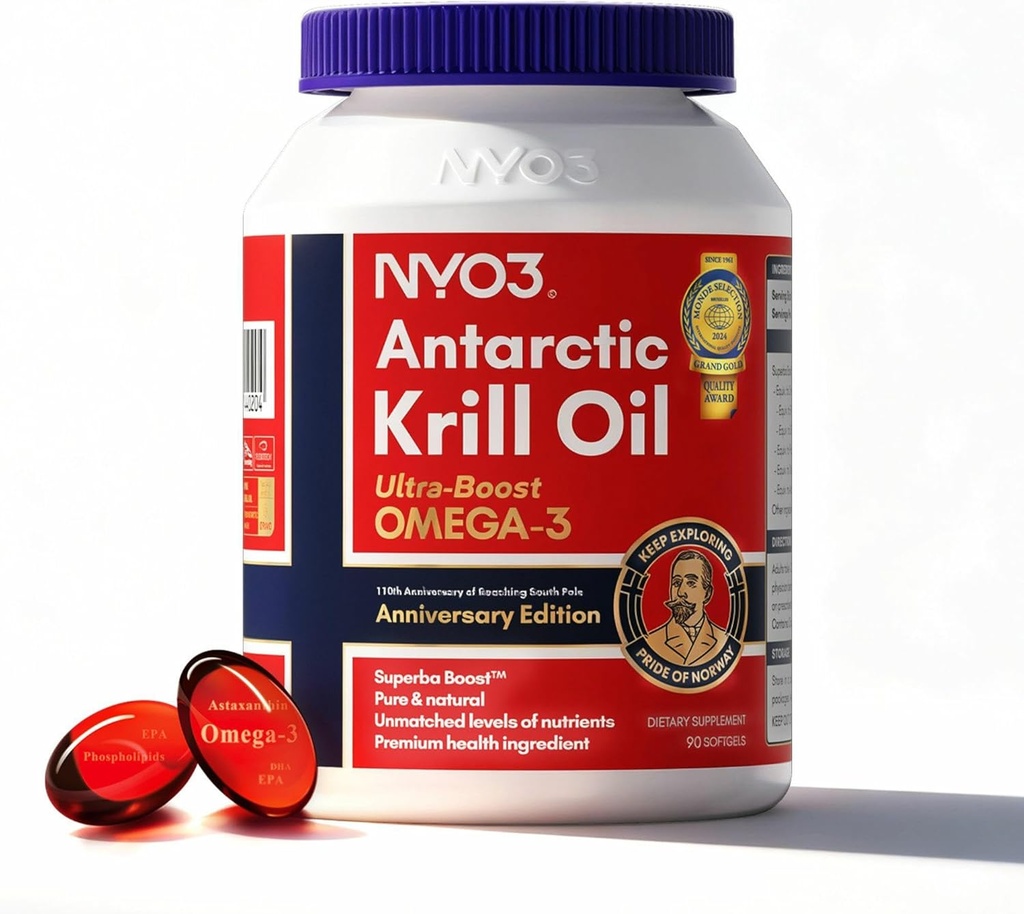 NYO3 Krill Oil Omega 3 Supplement 1000mg 90 Softgels EPA & DHA, Pure Antarctic Krill Oil with Astaxanthin and 56% Phospholipids Laboratory Tested