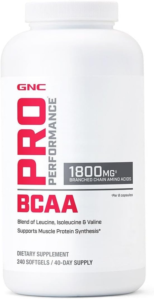 GNC Pro Performance BCAA 1.8g, 3rd Party Tested Supplement for Men & Women, Branched Chain Amino Acids, Essential Amino Acids Supports Muscle Protein Synthesis, 240 Softgels, 40 SVG