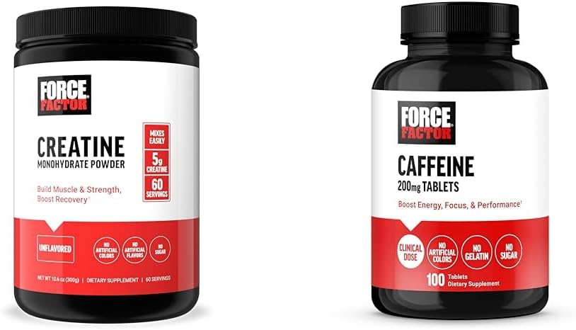 Force Factor Creatine Powder 60 Servings and Caffeine Tablets 100 Tablets - Creatine for Muscle Gain and Caffeine for Energy