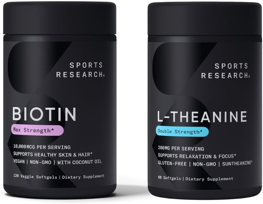 Sports Research Vegan Biotin 10,000mcg with Coconut Oil Max Strength Vitamin B7 120 Softgels (4 Month Supply) and Double Strength L-Theanine Supplement for Focus, Relaxation & Alertness 200mg 60 Count