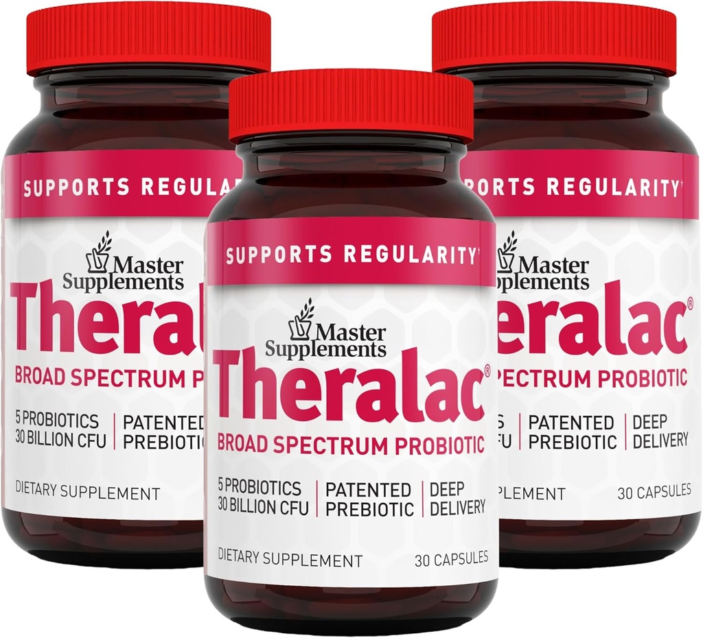 Master Supplements Theralac - 30 Capsules, Pack of 3 - Multi-Strain Probiotic for Optimal Gut Health + Gas & Bloating Relief - Gluten Free - 90 Servings