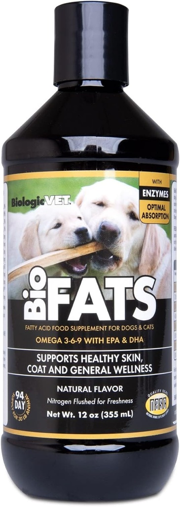 BiologicVET - BioFATS Omega 3-6-9 Fatty Acid with EPA & DHA, Supports Healthy Skin, Coat and General Wellness, 94-Day Supply for 30-lb. Animal, 12-fl. oz. Bottle