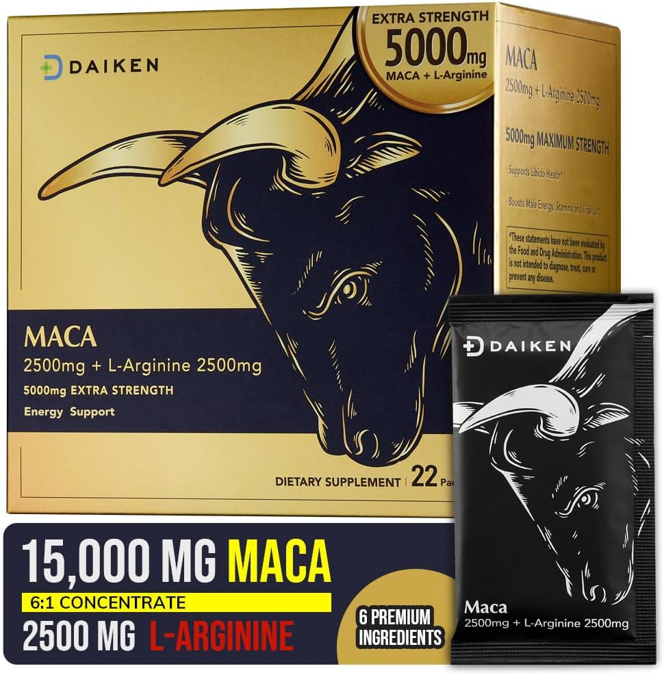 DAIKEN Peruvian Maca Root Powder Extra Strength 15,000 mg, Gelatinized Black, Red, Yellow Maca Blend with L-Arginine (2,500 mg) for Men and Women, Superior Absorption, Vegan, Lab Tested - 22 Packets