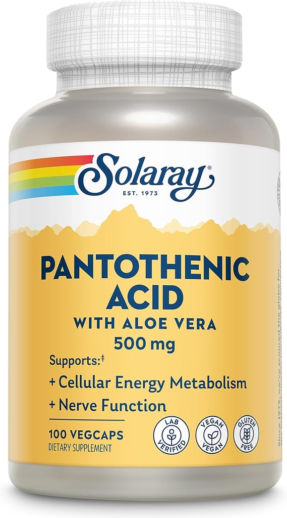 SOLARAY Pantothenic Acid 500mg - Pantothenic Acid Supplement (Vitamin B5) - Essential B Complex Vitamin - Nervous System and Cellular Energy Support - Vegan, Gluten Free, 60-Day Guaratee, 100 Servings