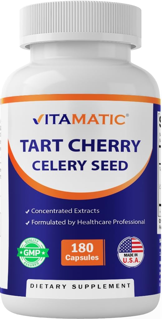 Vitamatic Tart Cherry 20X Extract with Celery Seed 10X Concentrated Extracts - - 180 Veg Capsules - Vegetarian, Non-GMO, and Gluten Free