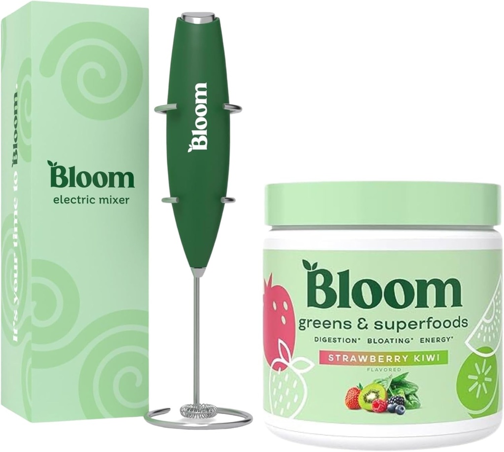 Bloom Nutrition Superfood Greens Powder, Digestive Enzymes with Probiotics and Prebiotics, Gut Health, Bloating Relief, Strawberry Kiwi + Milk Frother High Powered Hand Mixer