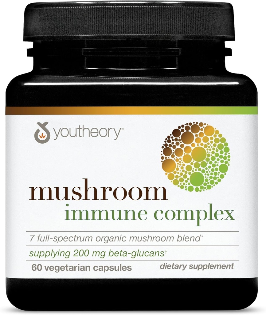 Youtheory Mushroom Immune Complex - Vegan Immune Support Supplement* - Organic Mushroom Blend with Chaga, Cordyceps, Lion's Mane, Maitake & More - 60 Vegetarian Capsules