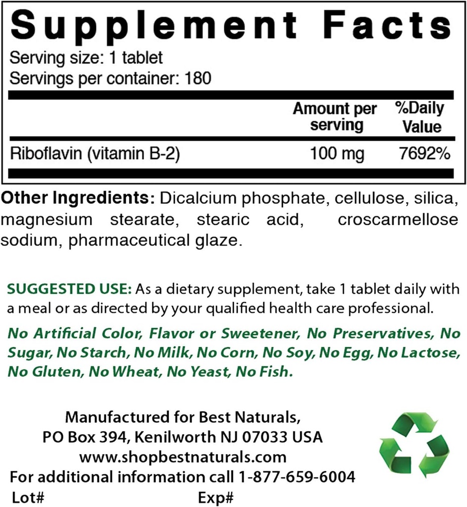 Best Naturals Vitamin B2 (Riboflavin) 100 mg & COQ10 100 mg