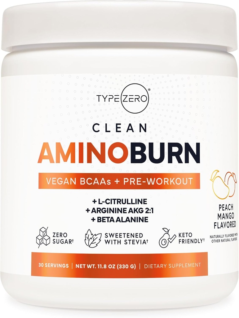 Type Zero AminoBurn - Natural Pre Workout + BCAA (Peach Mango | 30serv) Sugar Free BCAAs Amino Acids Supplement Keto and Amino Preworkout and Post Workout Drink