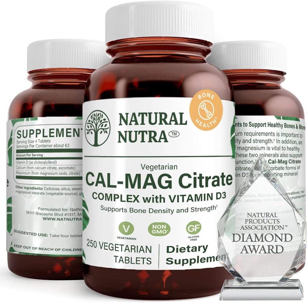 Natural Nutra Cal-Mag Citrate with Vitamin D3,1000/500 mg Complex, Strengthen Bone Density, Muscle and Nerve Health, Help Maintain Healthy Teeth, Highly Bioavailable Sources, 250 Vegan Tablets