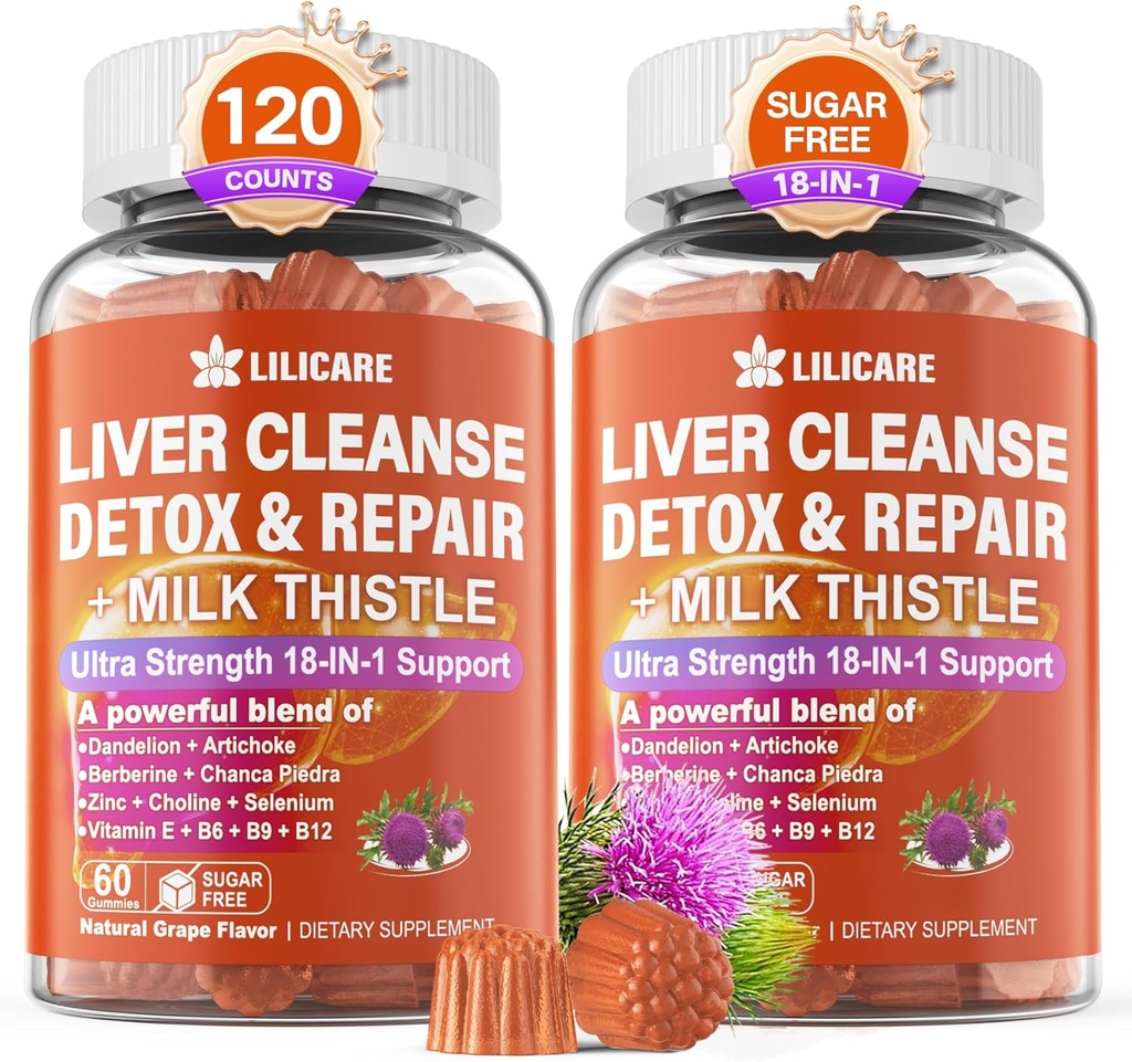 Milk Thistle Liver Detox Gummies, 18-IN-1 Liver Cleanse Detox & Repair Supplement with Berberine, Chicory Root, Turmeric, Artichoke, Dandelion Root, Chanca Piedra, Vitamins B6 B12-Sugar Free,Pack of 2
