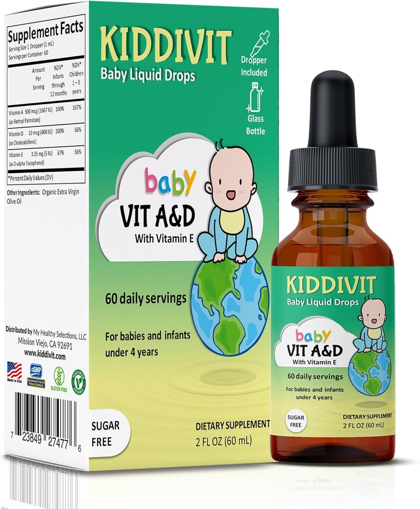 Kiddivit Baby Vitamin A&D Liquid Drops with Vitamin E – Gentle Immune & Vision Support Supplement – 60 Daily Servings, Dropper Included, Glass Bottle – Sugar Free, Gluten Free, Vegetarian, 2oz