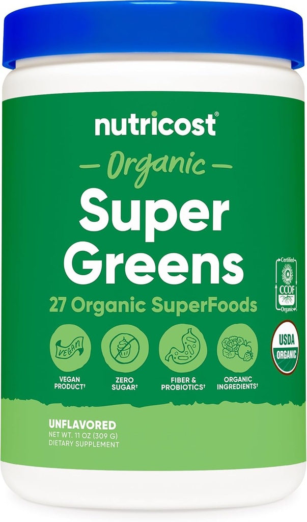 Nutricost Organic Super Greens Powder (30 Servings) - Superfood Supplement Drink Mix (30 Servings, No Flavor Added)
