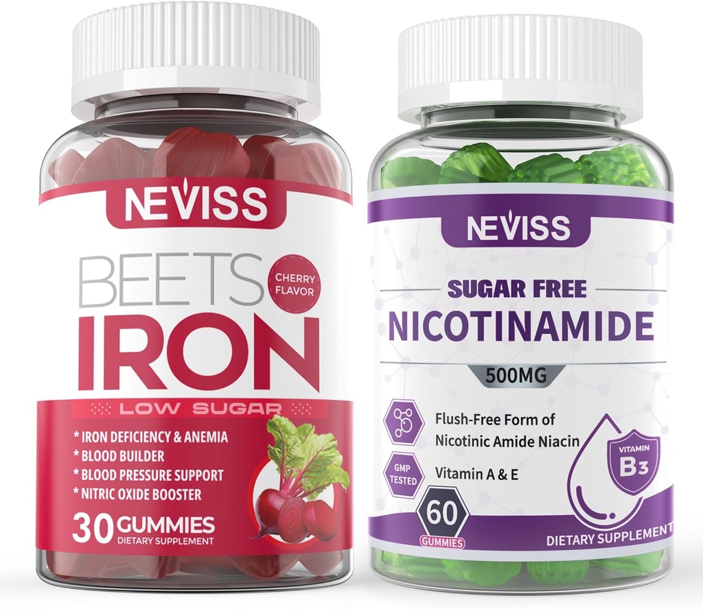 NEVISS Vegan Iron Supplement, Gentl Iron + Sugar Free Nicotinamide 500mg Gummies