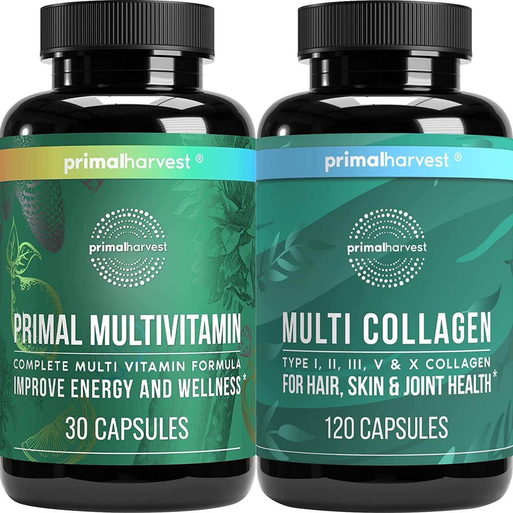 Primal Harvest Multivitamin & Collagen Supplements for Women and Men Multi Vitamin Capsules and Collagen Peptides Pills Bundle