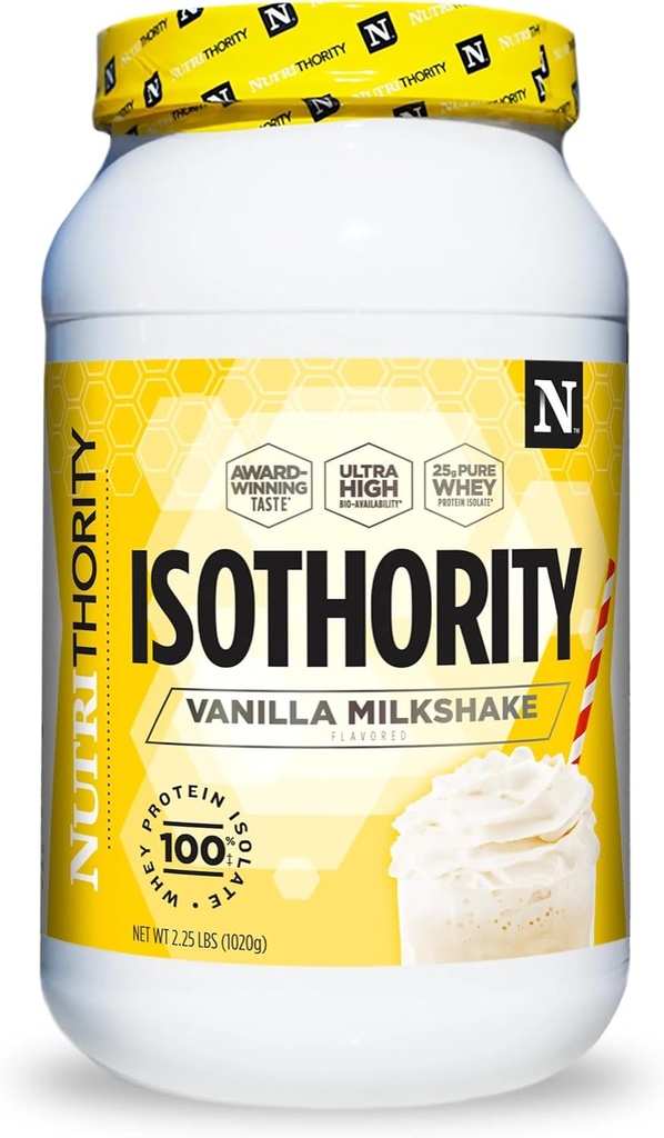 Isothority Whey Protein Isolate, Vanilla Milkshake, 2 lb - Ultra Absorbable Branched Chain Amino Acids (BCAA) Powder with 25g Protein Per Serving, Low Carb - Build Muscle & Accelerate Recovery