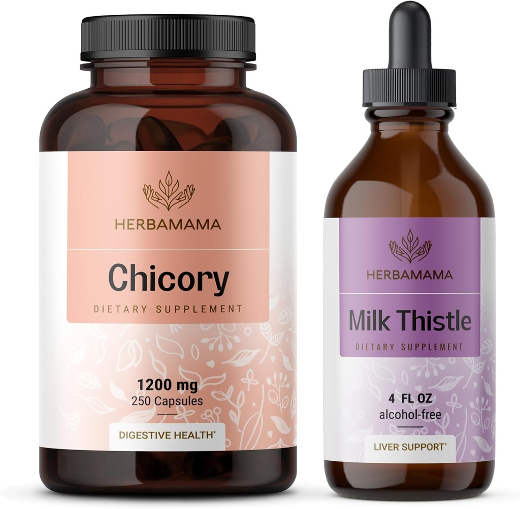 HERBAMAMA Chicory and Milk Thistle Kit - Bundle of 1200 mg Chicory Root Capsules & Milk Thistle Tincture 4 fl oz - Vegan, Non-GMO, Sugar & Alcohol-Free - 2 Pack