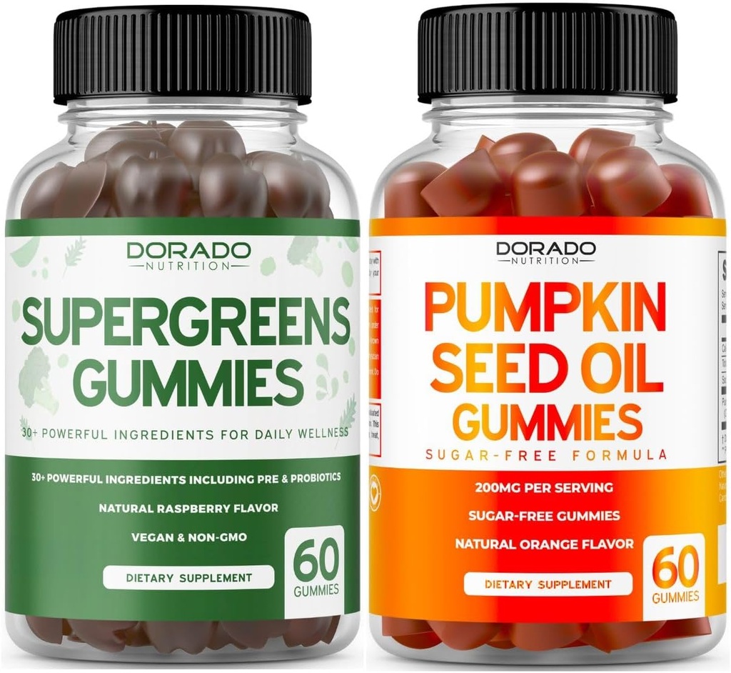 Supergreens Gummies ( 60 Count) - Superfood for Immunity Support for Adults and Pumpkin Seed Oil Gummies (60 Count) Pumpkin Seed Oil For Hair Growth and Bladder Control - Vegan & USA Made