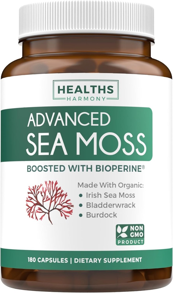 Organic Irish Sea Moss Capsules - Organic Sea Moss Capsules with Bladderwrack Burdock Root and Black Pepper Extract for Enhanced Absorption - Vegan Non-GMO & Made in The USA (3 Month Supply)