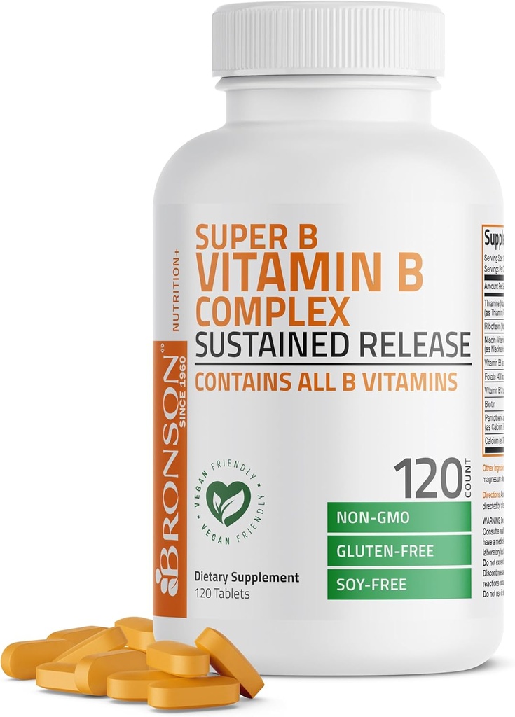 Bronson Super B Vitamin B Complex Sustained Slow Release (Vitamin B1, B2, B3, B6, B9 - Folic Acid, B12) Contains All B Vitamins 120 Tablets
