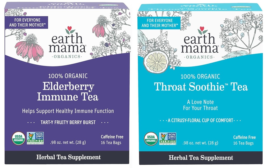 Earth Mama Organic Elderberry Immune Tea + Organic Throat Smoothie™ Tea for Wellness Support | Safe for Breastfeeding, Pregnancy and Kids, 16 Count (Pack of 2)