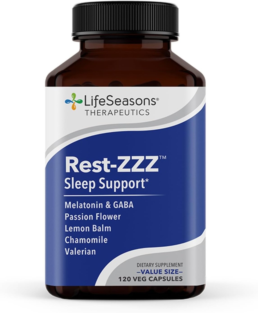 LifeSeasons Rest-ZZZ - Natural Sleep Support Supplement - Fall Asleep & Stay Asleep - Calms Nervous System - Ease Muscle Tension & Restlessness - Low Dose Melatonin GABA & Chamomile - 120 Capsules