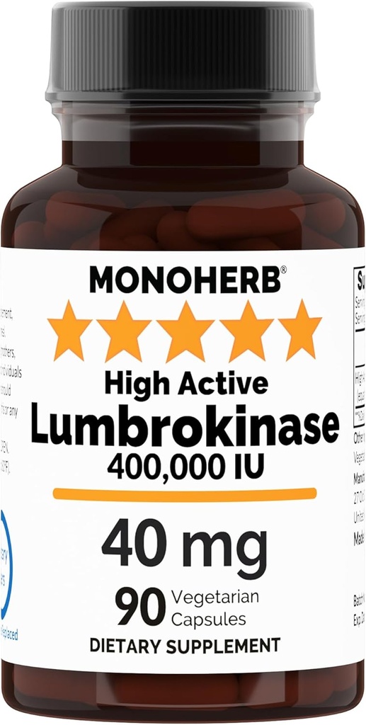 MONOHERB Lumbrokinase 40 mg per Capsule - 90 Vegetarian Capsules - High Active 400,000 IU