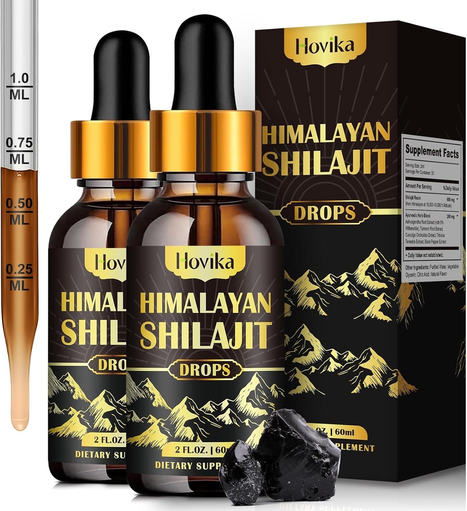 (2 Pack) Shilajit Resin Supplement, Shilajit Liquid Drops 600mg Golden Shilajit with Fulvic Acid & 85+ Trace Minerals, Organic Ayurvedic Blend for Energy, Strength, Immunity Support