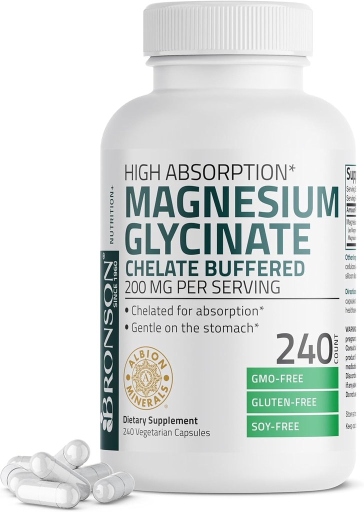 Bronson Magnesium Glycinate 200 MG per Serving Chelated for High Absorption, Gentle On Stomach, Non-GMO, 240 Vegetarian Capsules