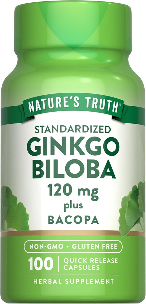 Nature's Truth Ginkgo Biloba 120mg | Plus Bacopa | 100 Quick Release Capsules | Standardized Extract | Non-GMO and Gluten Free Supplement