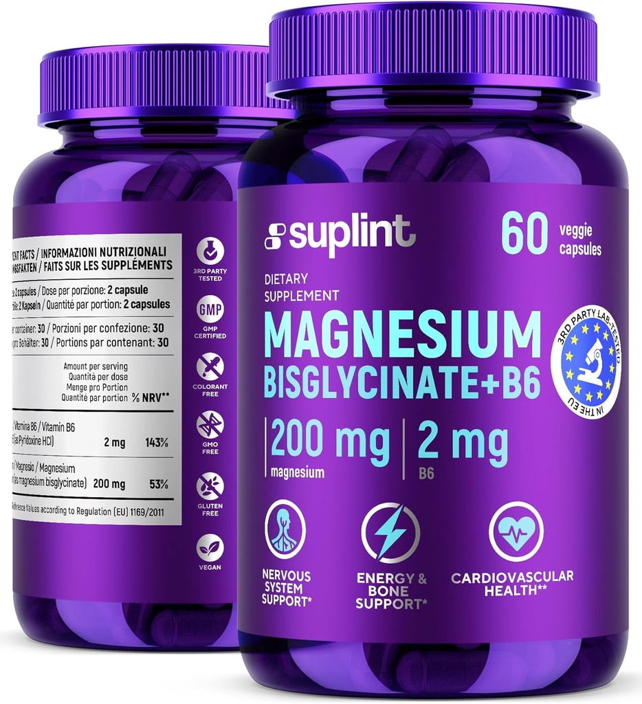 Magnesium Bisglycinate 200 mg with Vitamin B6 – High Absorption Magnesium Supplement for Sleep, Metabolism, Immune & Nervous System – Daily Tablets for Men & Women