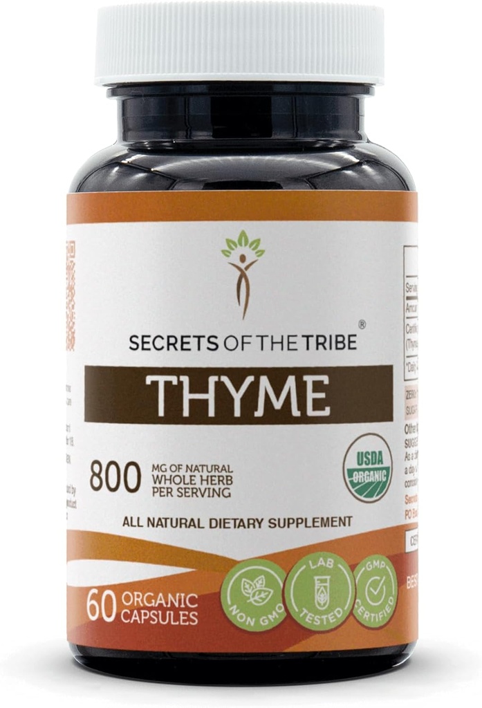 Secrets of the Tribe Thyme USDA Organic 60 Capsules | Made with Vegetarian Capsules and Certified Organic Thyme (Thymus Vulgaris) Dried Leaf (60 Capsules)