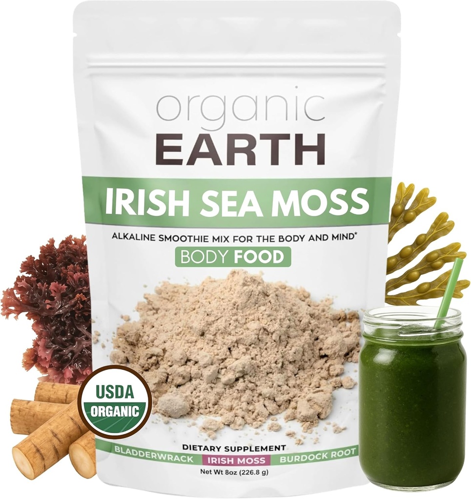 Organic Earth Irish Sea Moss Powder 8oz - Wildcrafted Sea Moss Organic with Bladderwrack & Burdock Root Powder - Thyroid, Digestion Support & Healthy Skin - USDA Certified Organic
