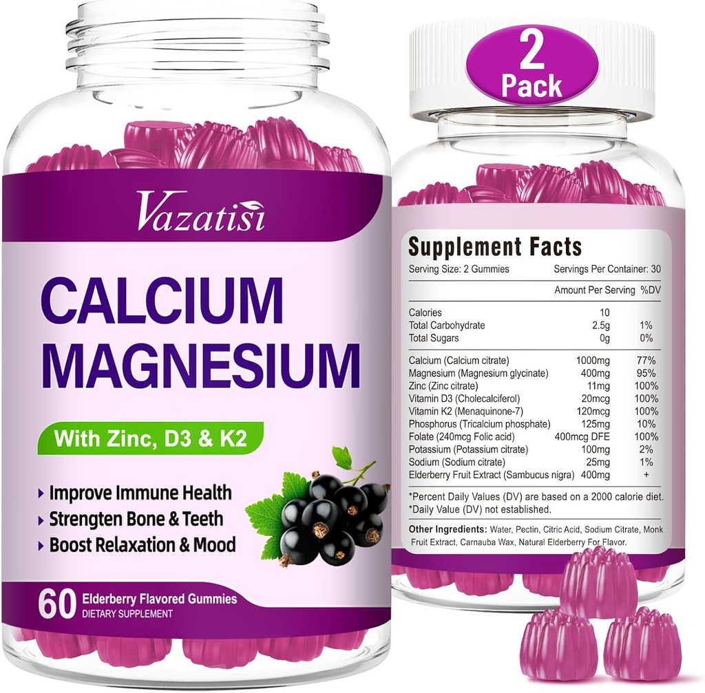 Calcium Magnesium Zinc Gummies with Vitamin D3 and K2, High Absorption Magnesium Glycinate Potassium for Immune and Muscles, Vegan Elderberry Flavor 120 Gummies