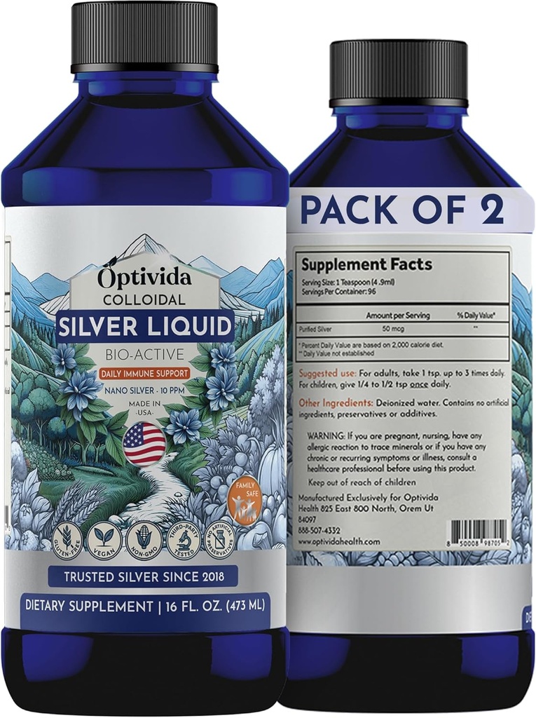 Optivida Health Immune Support Colloidal Silver Liquid 10 Ppm – Premium Nano Silver Supplement for Daily Wellness, Natural Silver Hydrosol for Adults & Kids, Non-GMO, Gluten-Free (2 Pack)