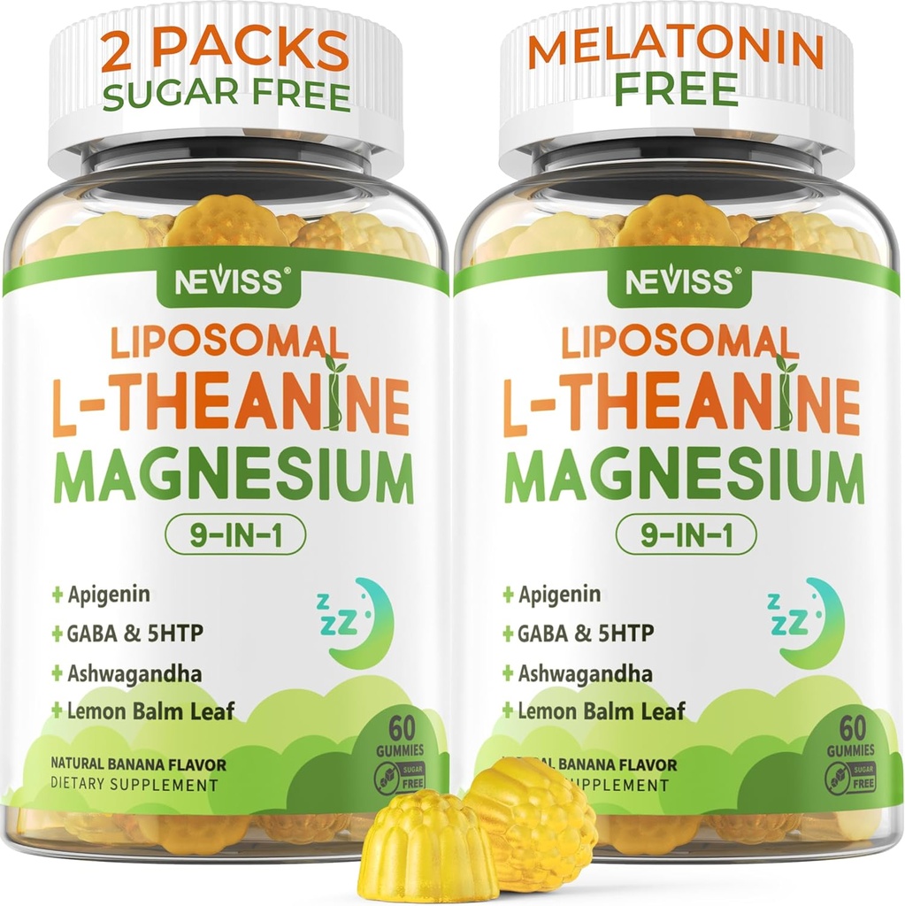 Liposomal L-Theanine 200mg Magnesium Glycinate 400mg Gummies with GABA, 5HTP, Apigenin, Vitamin B6 & D3, Ashwagandha, Lemon Balm Leaf, Melatonin Free Sleep Chewable for Relax Mood & Muscle, 2 Packs