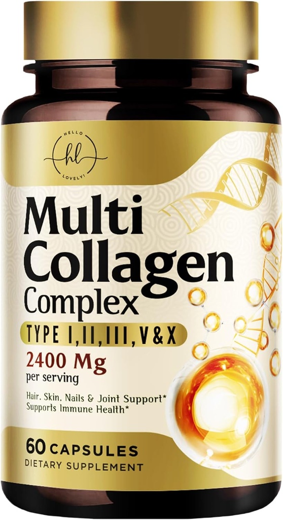 Multi Collagen Peptides 2400mg for Women – Best Hydrolyzed Collagen Complex with 5 Types (I, II, III, V, X) - Grass Fed - Hair, Skin, Nail, Bone & Joint Support for Beauty & Wellness – 60 Capsules