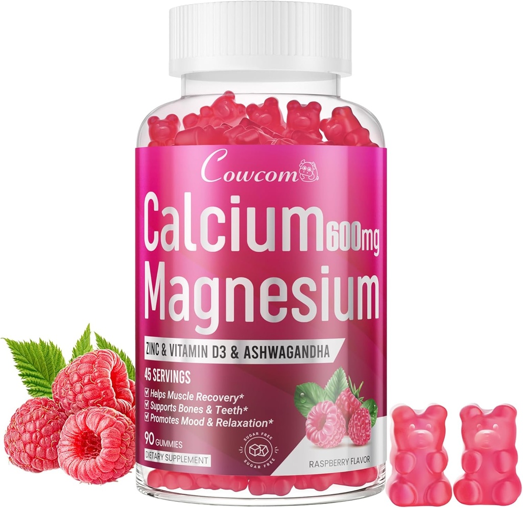 Calcium Magnesium Zinc Gummies & Vitamin D3,B6,B12,Immune & Supporting Bone Health Calcium Magnesium Supplement for Women Men,Sugar-Free Vegan Raspberry Flavor 90 Counts