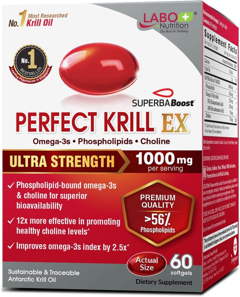 LABO Nutrition Perfect Krill EX, 1000mg Antarctic Krill Oil Omega 3 EPA DHA, Highest Phospholipids (Over 56%) with Choline, Astaxanthin | Heart Brain Eye Joint Health, Made in USA, 60 softgels