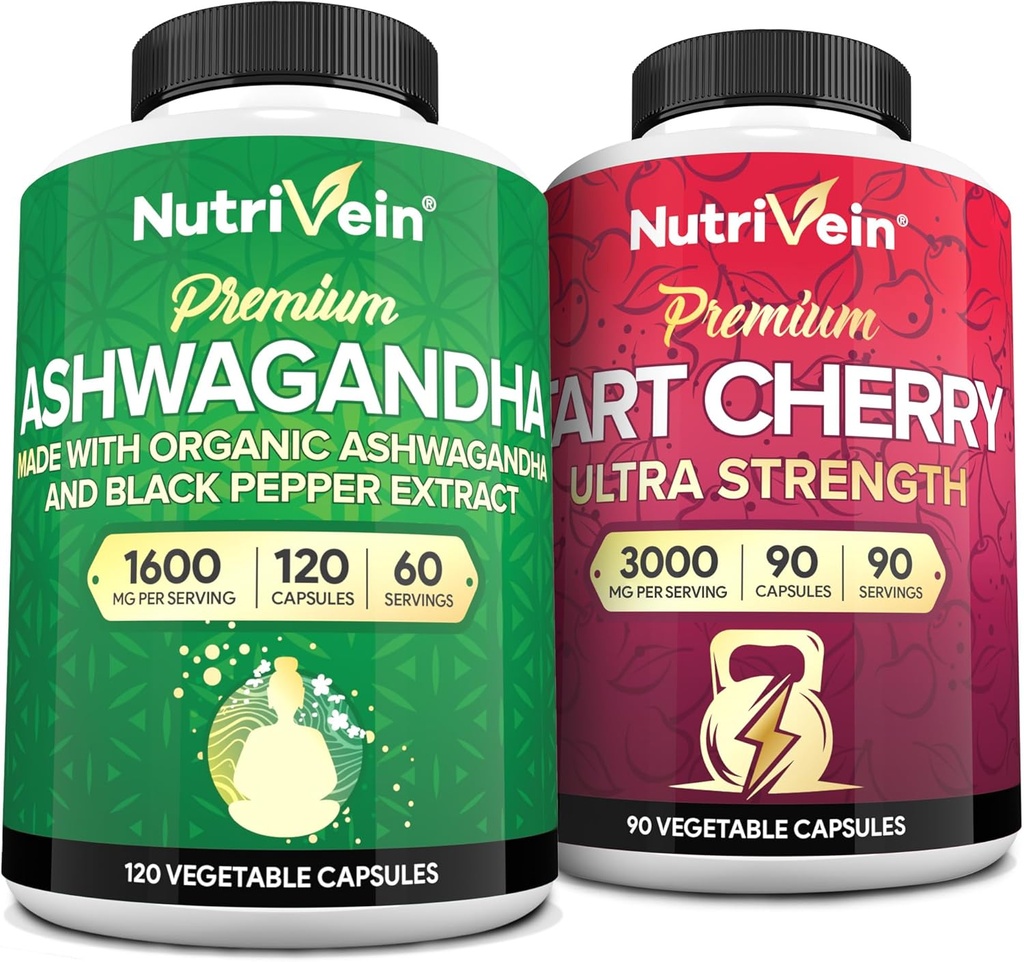 Nutrivein Premium Ashwagandha Capsules & Tart Cherry Capsules Bundle: High-Absorption Tart Cherry Extract and Ashwagandha Supplements for Recovery, Balance, and Vitality
