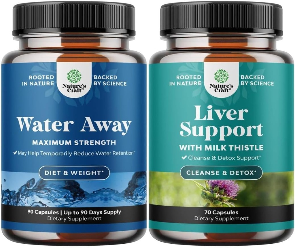 Bundle of Water Away Herbal Diuretic Pills HIgh Strength with Dandelion Leaf Extract & Green Tea for Bloating Relief and Liver Cleanse Detox & Repair - Milk Thistle for Digestion & Immune Health